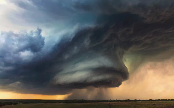 A powerful tornado twists beneath dark storm clouds over the flat landscape of the Texas Great Plains at sunset.