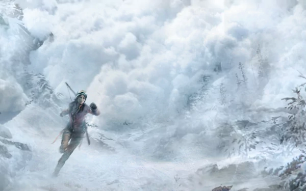HD wallpaper of Lara Croft escaping an avalanche in the game 'Rise of the Tomb Raider,' portraying a snowy mountain landscape.