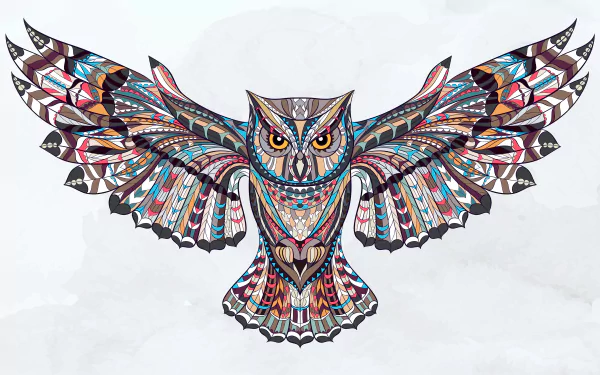 HD desktop wallpaper featuring a beautifully detailed, multicolored owl illustration with wings spread wide.