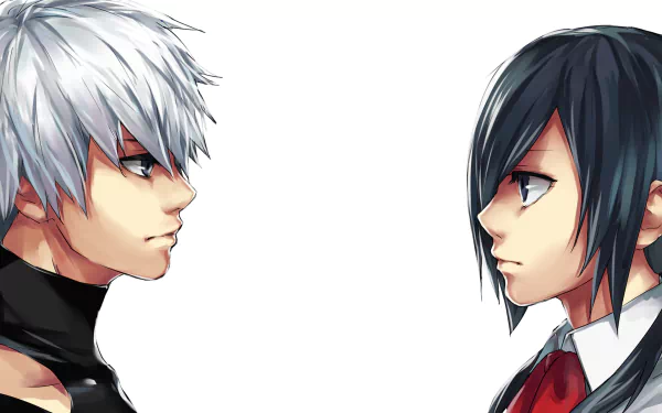 HD desktop wallpaper featuring characters from Tokyo Ghoul √A, with Ken Kaneki on the left, having white hair and grey eyes, and Touka Kirishima on the right, with black hair, short hair, and a red bow.