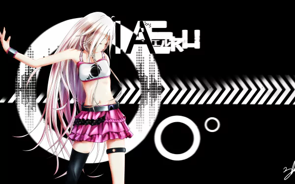Vibrant HD wallpaper featuring IA, a blonde-haired Vocaloid character, styled in an eye-catching outfit with dynamic graphic elements in a sleek black background.