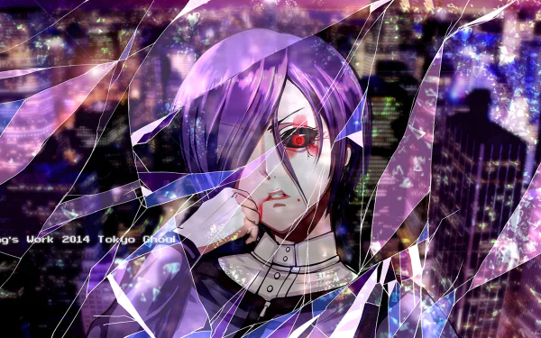 HD desktop wallpaper featuring Touka Kirishima from the anime Tokyo Ghoul, with a fragmented glass effect overlaying a city nightscape.