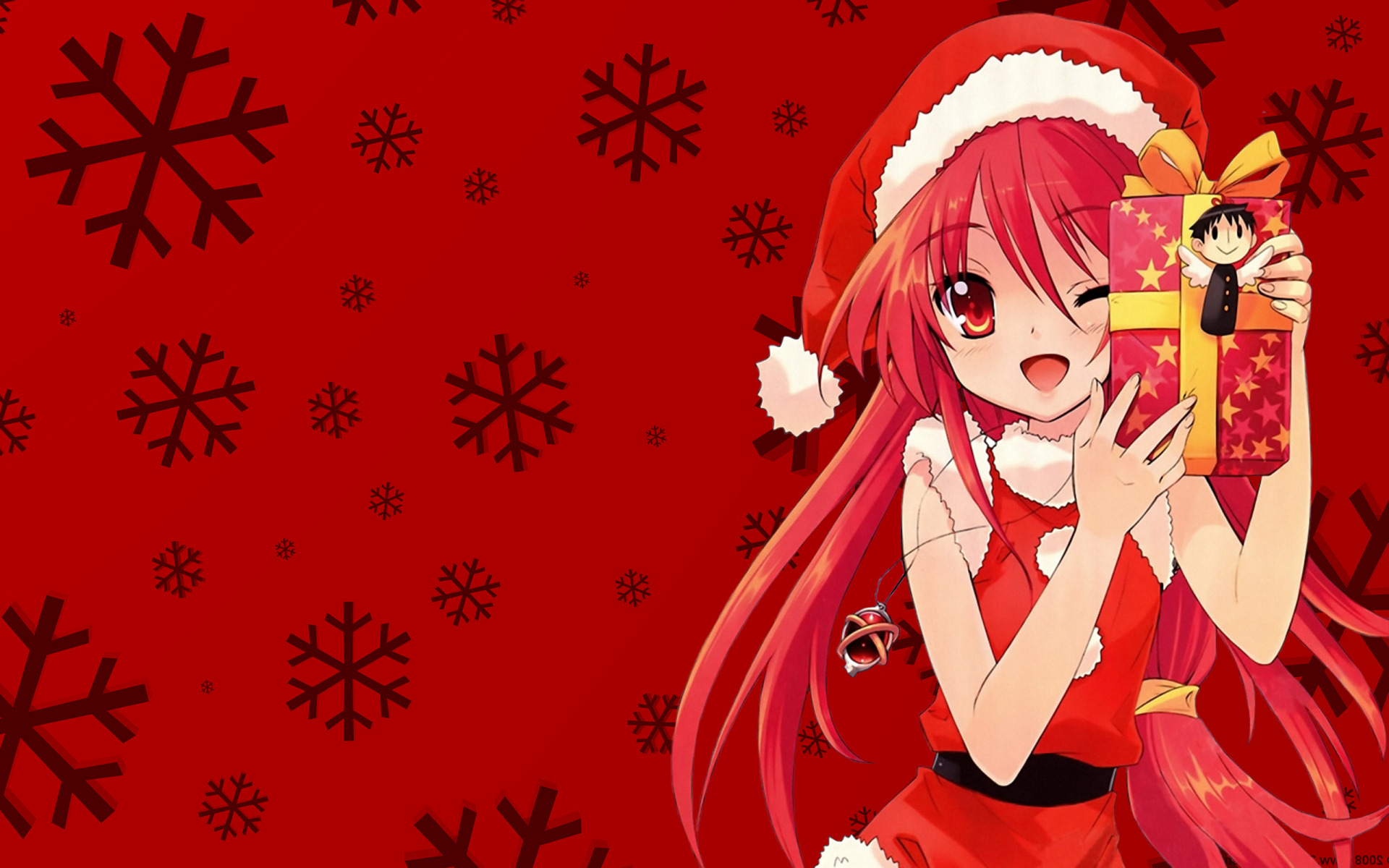 HD PC desktop wallpaper featuring Shana from Shakugan No Shana in a festive Santa outfit holding a gift against a red background with snowflakes.