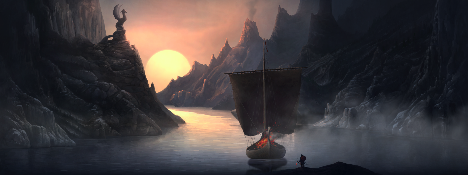 A serene landscape from Niffelheim, featuring a silhouetted ship sailing on calm waters at sunset, surrounded by rugged mountains and a towering statue in the background. HD PC desktop wallpaper.