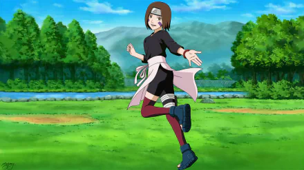 HD desktop wallpaper featuring the anime character Rin Nohara from Naruto, set against a lush green landscape with trees, a river, and mountains under a blue sky.