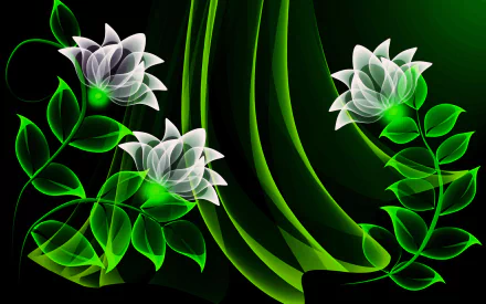 HD desktop wallpaper featuring artistic neon flowers with glowing green leaves and flowing lines on a dark background.