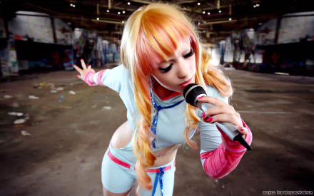 A woman in vibrant cosplay passionately sings into a microphone, set against an urban, graffiti-covered backdrop. This HD desktop wallpaper captures her dynamic energy.