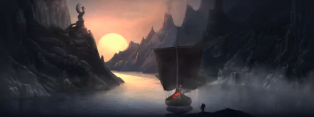 A serene landscape from Niffelheim, featuring a silhouetted ship sailing on calm waters at sunset, surrounded by rugged mountains and a towering statue in the background. HD PC desktop wallpaper.