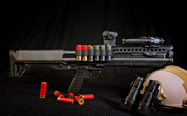 4K Ultra HD PC desktop wallpaper of a Kel‑Tec KSG shotgun on a black backdrop with red shells, binoculars and helmet — military, machine gun, man-made.