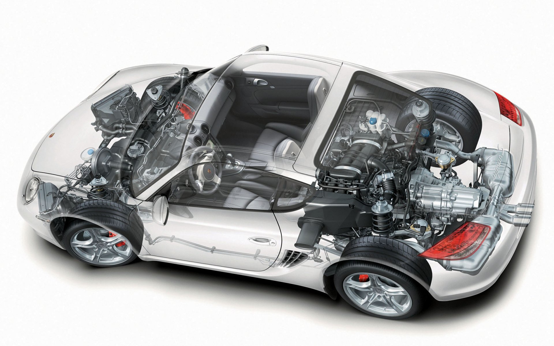HD PC desktop wallpaper of a cutaway silver Porsche Cayman S revealing interior and mechanical components of this Porsche Cayman sports vehicle.