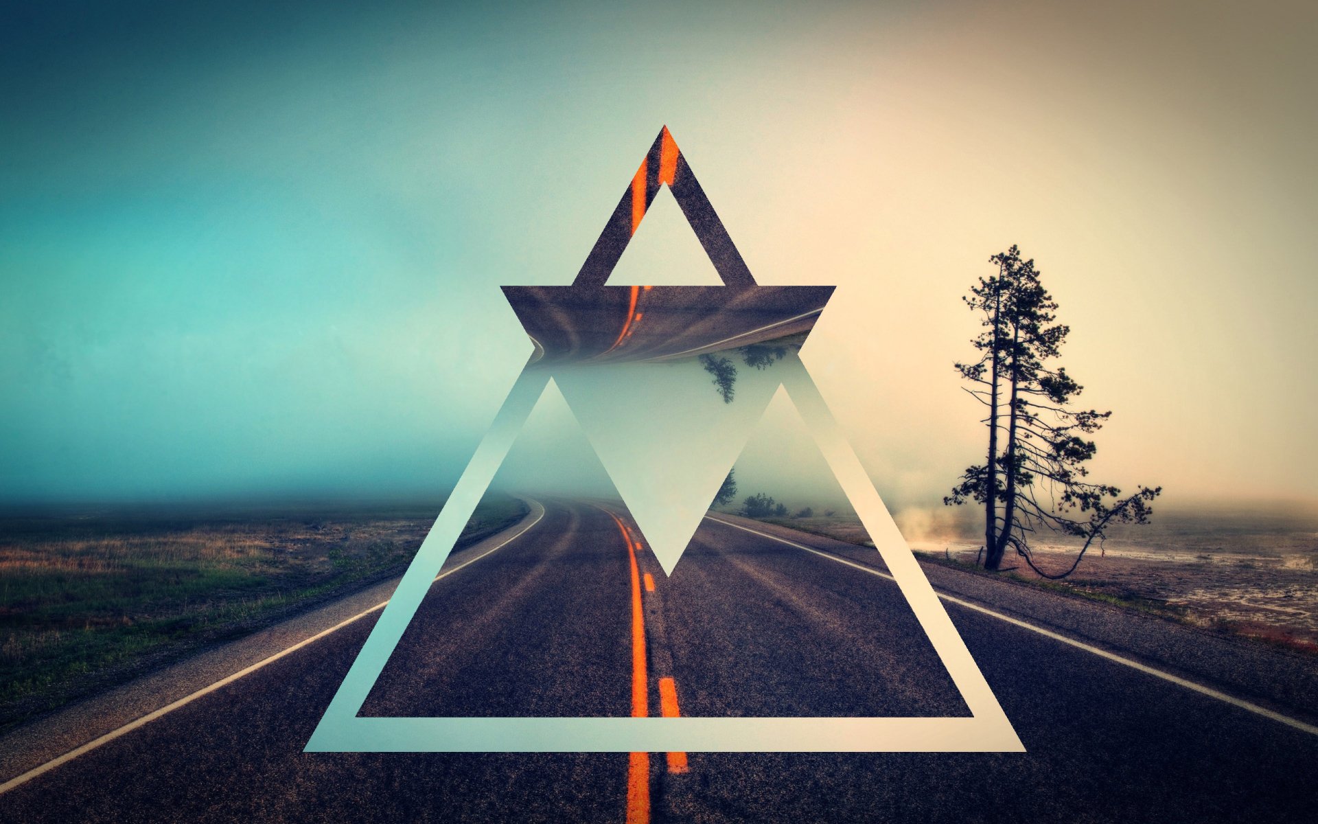 Artistic polyscape HD desktop wallpaper featuring a surreal landscape with a misty road and trees, framed by overlapping geometric triangular shapes.