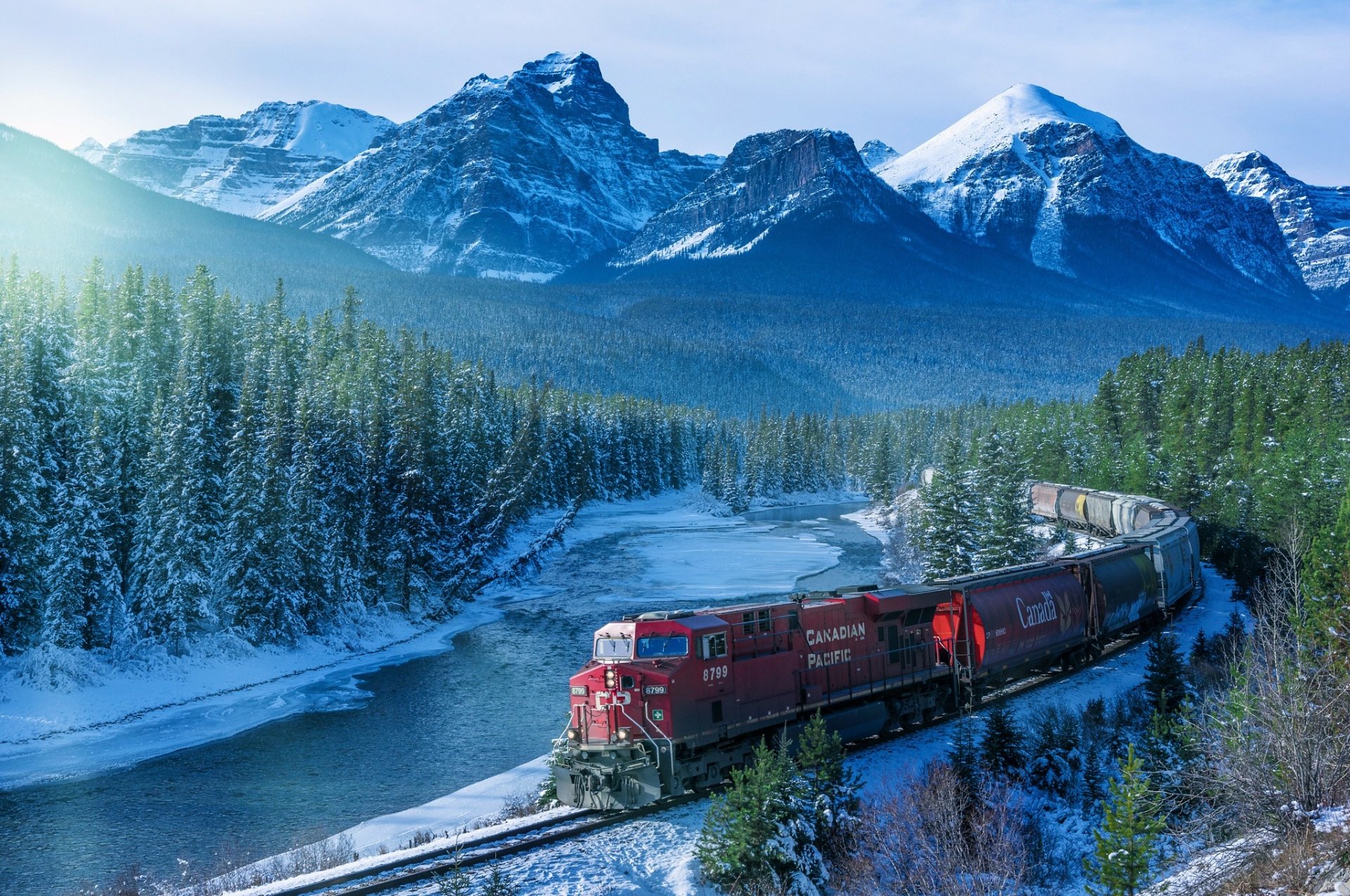 Download Mountain Forest Snow Winter River Landscape Vehicle Train  HD Wallpaper