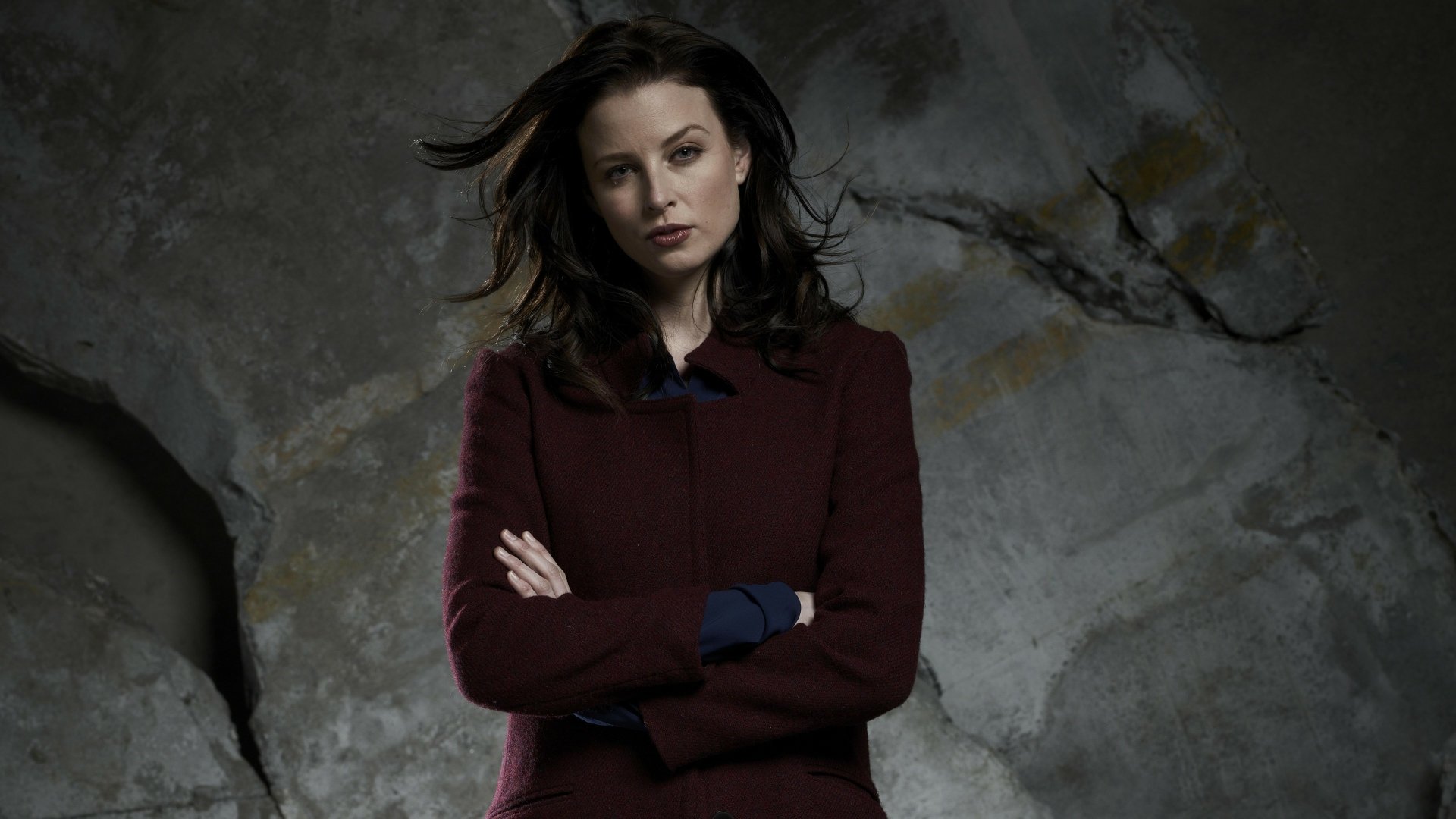 Portrait of American brunette actress Rachel Nichols against a textured gray background, featured in 4K Ultra HD desktop wallpaper quality.