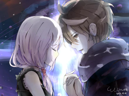 HD desktop wallpaper featuring Inori Yuzuriha and Shu Ouma from the anime Guilty Crown, in a tender, close moment with a cosmic background.