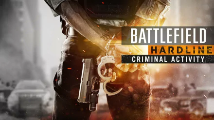 A dramatic HD PC desktop wallpaper featuring a character from Battlefield: Hardline, holding a gun and handcuffs, set against a backdrop of urban chaos.
