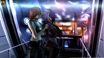 4K Ultra HD Mass Effect wallpaper featuring Commander Shepard and Tali'Zorah standing together inside a futuristic spaceship interior.