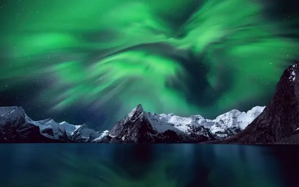 A stunning view of the Lofoten Islands in Norway, showcasing the vibrant aurora borealis illuminating the arctic sky above majestic mountains and calm waters.