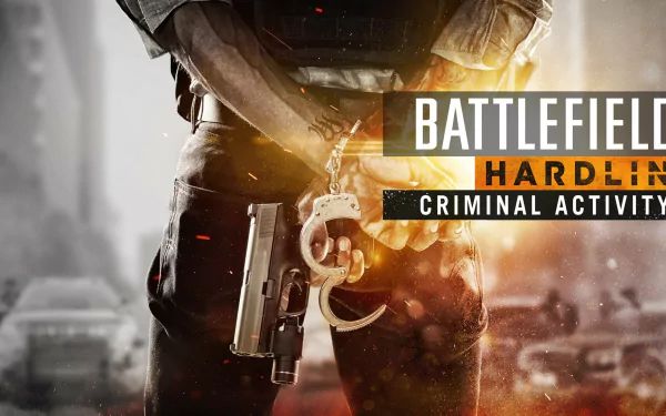 A dramatic HD PC desktop wallpaper featuring a character from Battlefield: Hardline, holding a gun and handcuffs, set against a backdrop of urban chaos.