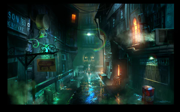 HD desktop wallpaper featuring a moody, neon-lit city alleyway at night, designed for a sleek urban background.