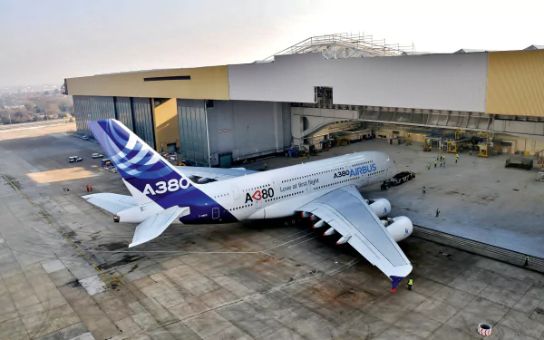 A striking HD wallpaper of an Airbus A380 passenger plane parked outside a hangar, showcasing its impressive size and sleek design against a clear sky.