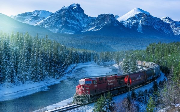 Vehicles Train Landscape River Winter Snow Forest Mountain HD Wallpaper | Background Image