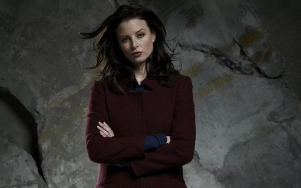 Portrait of American brunette actress Rachel Nichols against a textured gray background, featured in 4K Ultra HD desktop wallpaper quality.