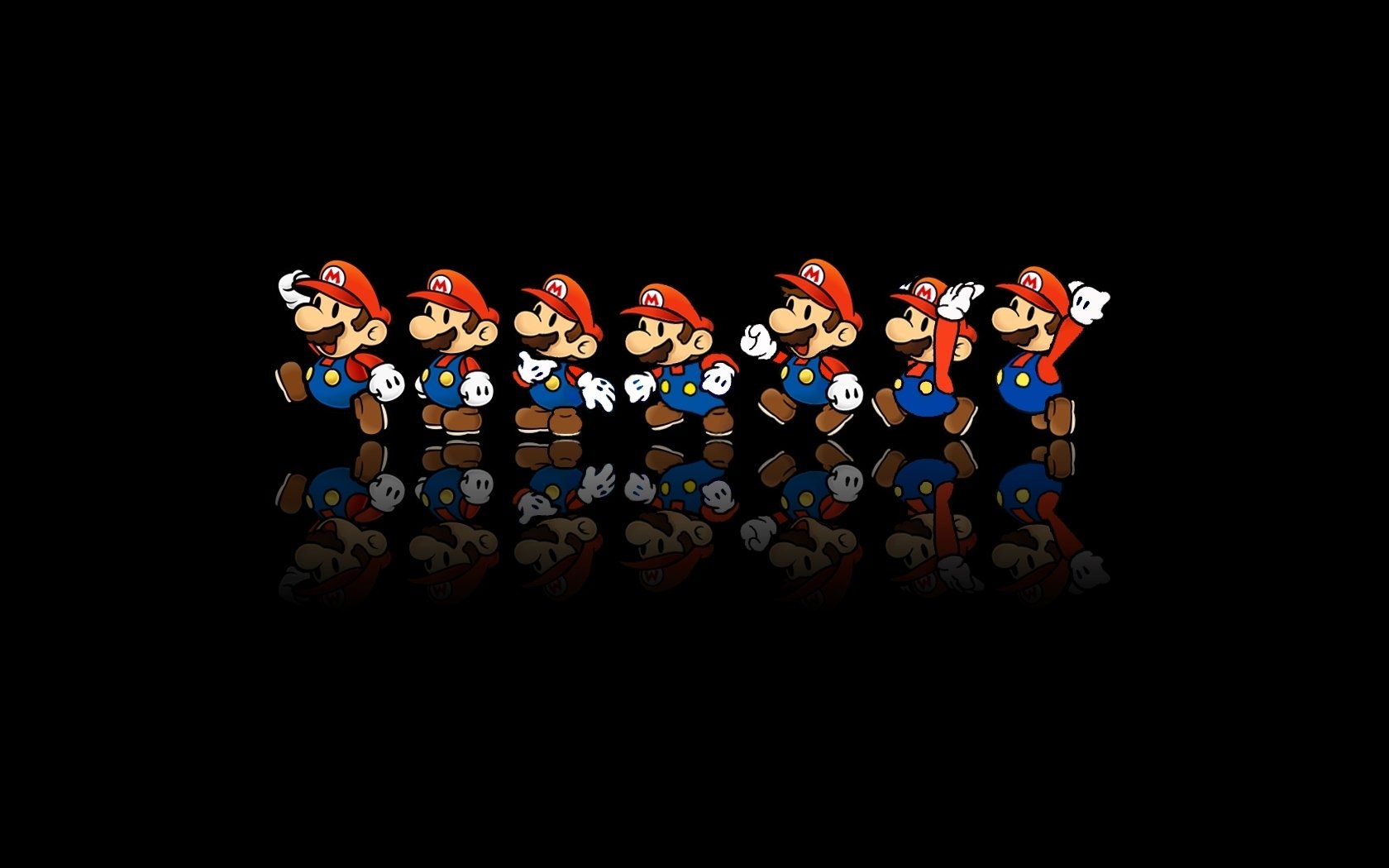 HD PC desktop wallpaper featuring a sequence of Mario from the video game series, showcasing his classic outfit and iconic poses against a black background.