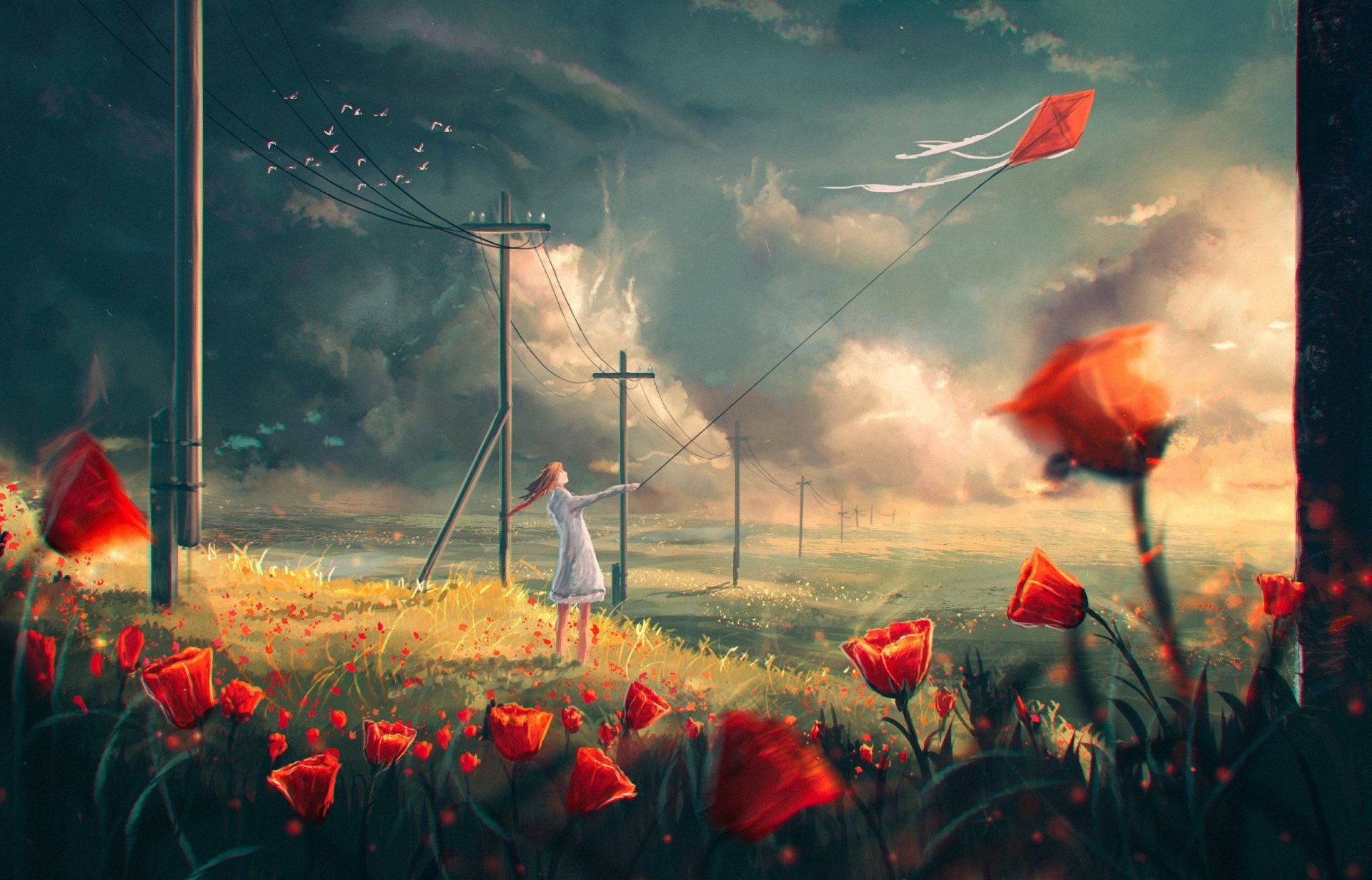 Anime HD desktop wallpaper featuring a peaceful landscape with vibrant flowers, a bird, and a cloudy sky. A character flies a kite amidst tall power poles, creating a serene and nostalgic scene.