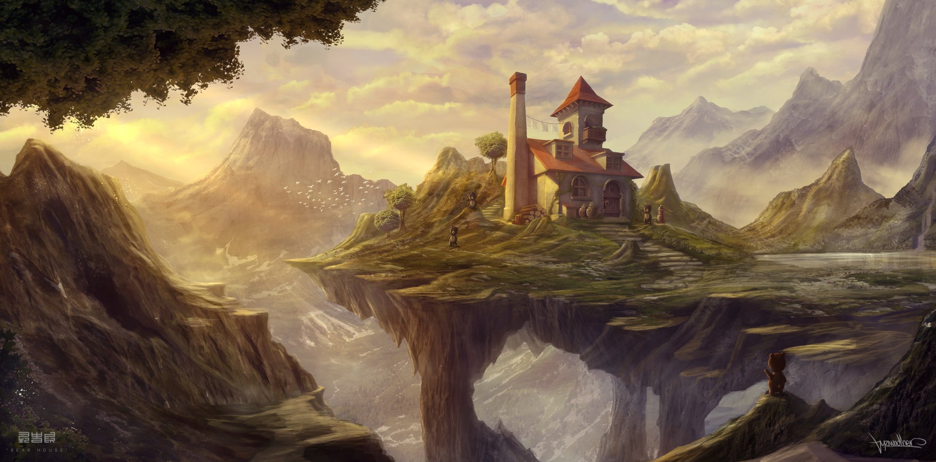 HD fantasy landscape wallpaper featuring a house perched on a floating mountain surrounded by towering peaks, with a bear and dramatic sky in the scenic background.