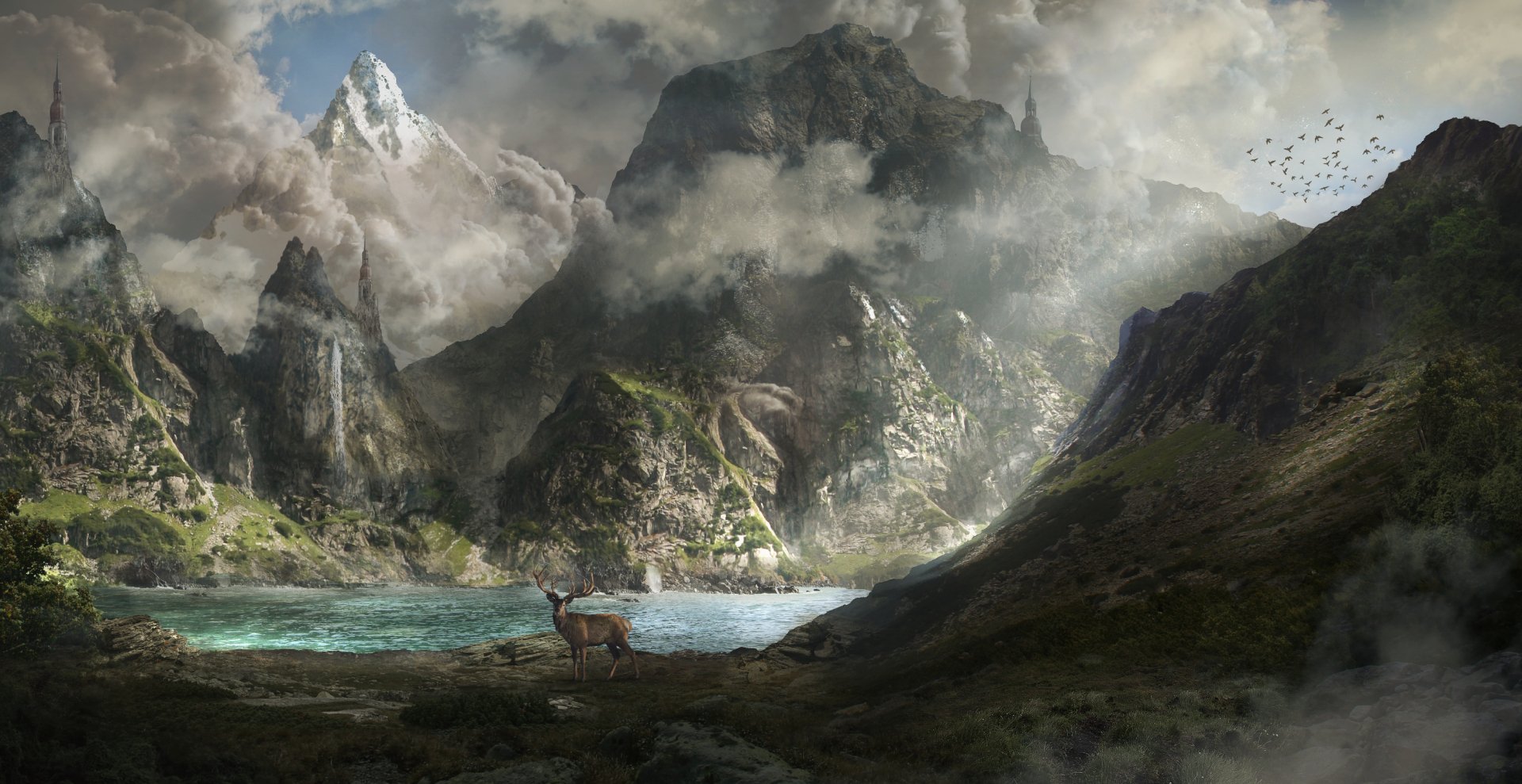 Serene Fantasy Landscape: HD Wallpaper of Lake, Deer, and Mountains by ...