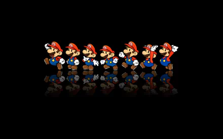 HD PC desktop wallpaper featuring a sequence of Mario from the video game series, showcasing his classic outfit and iconic poses against a black background.