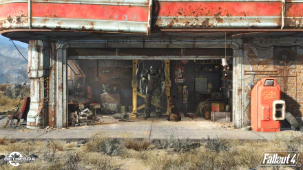HD desktop wallpaper and background featuring a power armor station inside a dilapidated garage from the video game Fallout 4. The garage appears weathered and abandoned, with a red soda vending machine on the right.