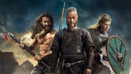 A dynamic HD wallpaper featuring Ragnar Lothbrok, portrayed by Travis Fimmel, and Lagertha, played by Katheryn Winnick, from the TV show Vikings (2013).