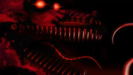 HD desktop wallpaper of Nightmare Foxy from Five Nights at Freddy's 4 featuring glowing red eyes and a menacing appearance in a dark, eerie setting.