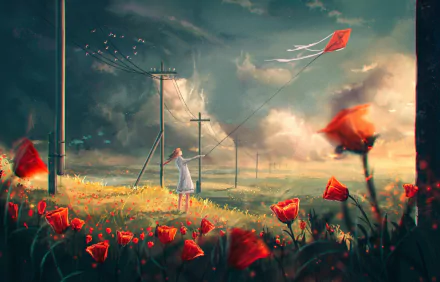 Anime HD desktop wallpaper featuring a peaceful landscape with vibrant flowers, a bird, and a cloudy sky. A character flies a kite amidst tall power poles, creating a serene and nostalgic scene.