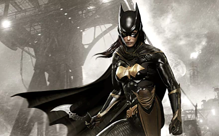 High-definition wallpaper featuring Batgirl from the video game Batman: Arkham Knight, showcasing her dynamic pose against an industrial backdrop.