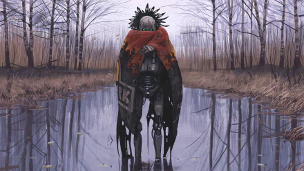 HD PC desktop wallpaper featuring a sci-fi robot draped in a red cloak, standing in a reflective, barren woodland with leafless trees under a gray sky.