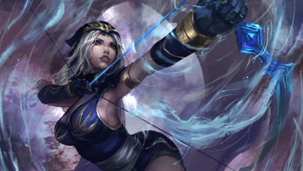 Ashe, the archer from League of Legends, is depicted in this HD desktop wallpaper, drawing her bow with determination amidst swirling icy magic.
