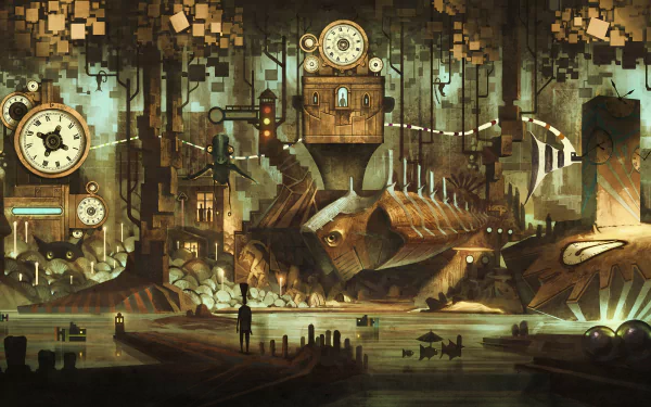 A captivating steampunk-inspired sci-fi landscape features intricate clocks and machinery, with a giant fish-like creature resting beside a tranquil waterway. 4K Ultra HD desktop wallpaper.