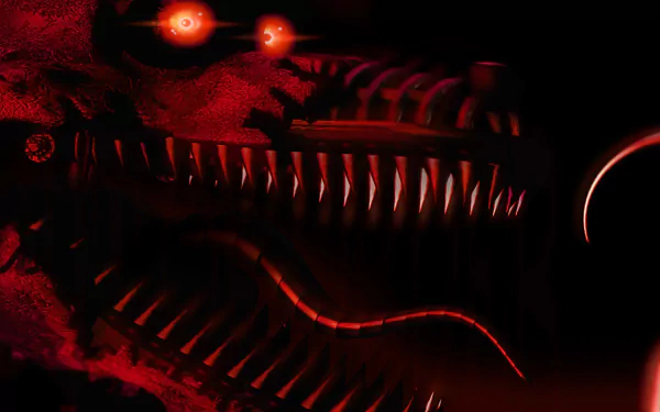 HD desktop wallpaper of Nightmare Foxy from Five Nights at Freddy's 4 featuring glowing red eyes and a menacing appearance in a dark, eerie setting.