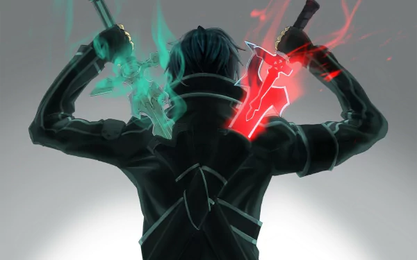 HD desktop wallpaper of Kirito from Sword Art Online, wielding his dual swords in a dynamic warrior pose, perfect for any anime fan's background.