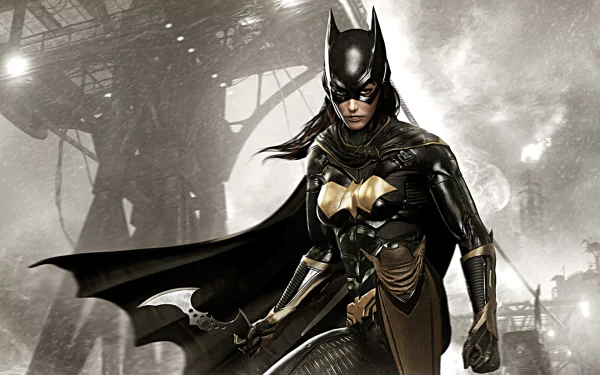 High-definition wallpaper featuring Batgirl from the video game Batman: Arkham Knight, showcasing her dynamic pose against an industrial backdrop.