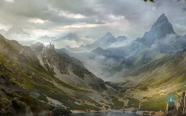 A breathtaking fantasy landscape featuring a majestic mountain range with a fortress in the valley, capturing the essence of adventure and mystique. Perfect HD desktop wallpaper.