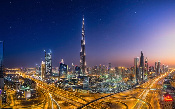 Man Made Dubai Cities United Arab Emirates Burj Khalifa City Megapolis Night HD Wallpaper | Background Image
