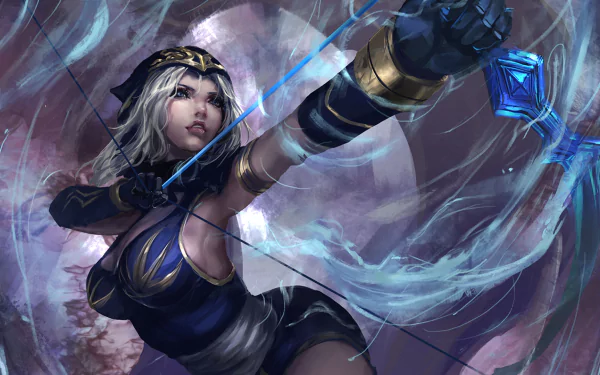 Ashe, the archer from League of Legends, is depicted in this HD desktop wallpaper, drawing her bow with determination amidst swirling icy magic.