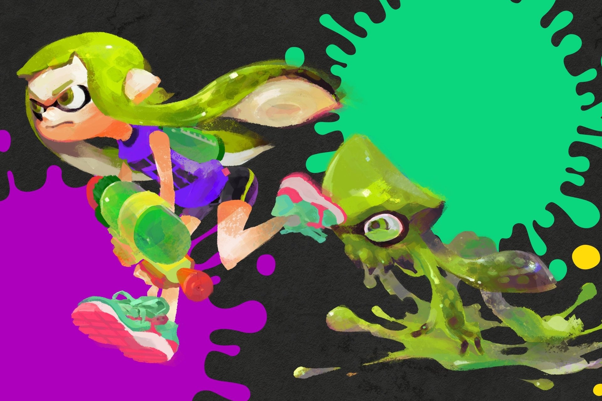 HD desktop wallpaper featuring Splatoon characters in action with vibrant ink splashes on a black background.