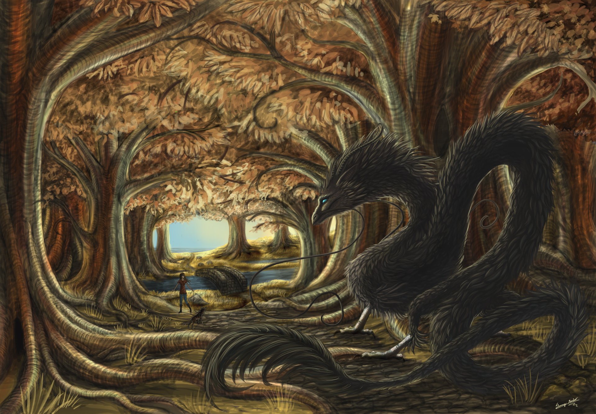 A fantasy forest scene in fall with a twisted tree bridge, a dog, and a large dragon, rendered in 4K Ultra HD as a PC desktop wallpaper.