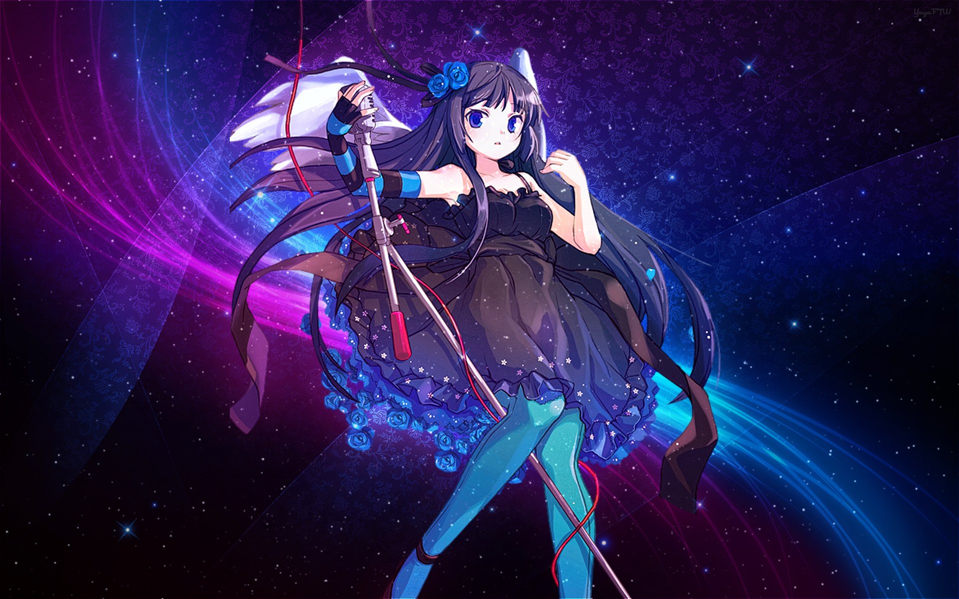 HD wallpaper featuring Mio Akiyama from the anime K-ON!, portrayed in a vibrant, cosmic background with dynamic colors and a whimsical outfit.
