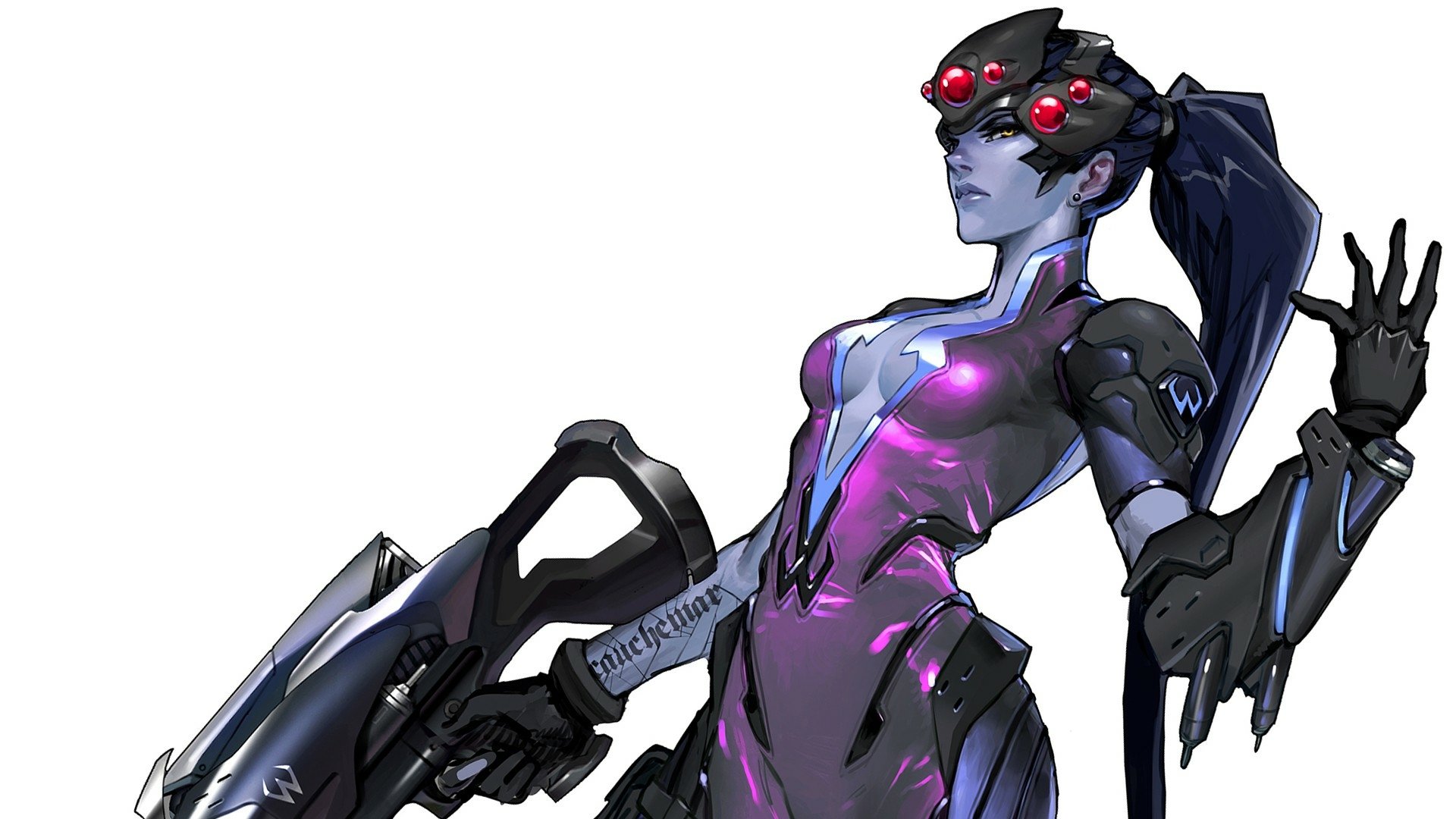 HD PC desktop wallpaper featuring Widowmaker, the sniper character from the video game Overwatch, depicted in her sleek purple combat suit with a sniper rifle.