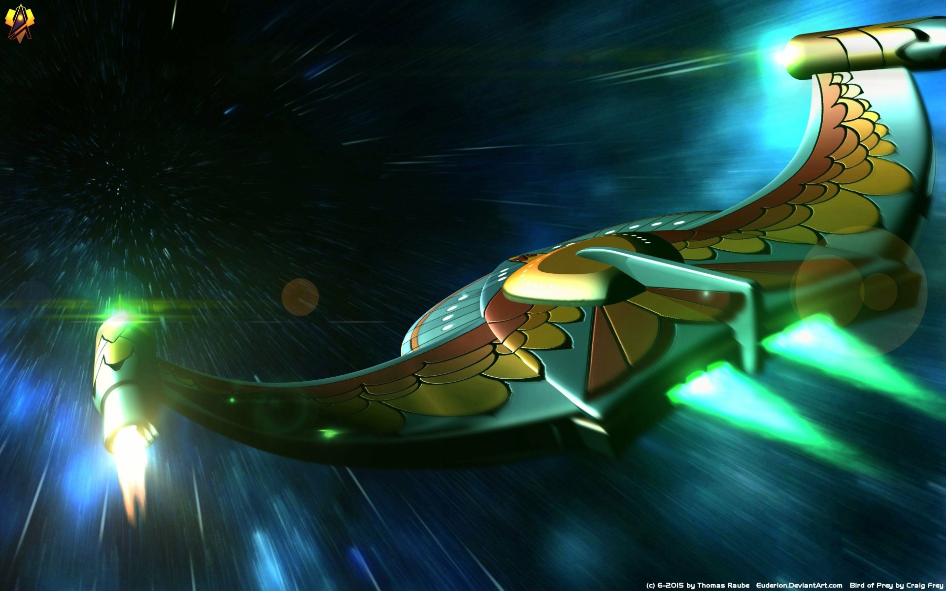 Ornate Romulan bird-of-prey streaking through a starfield with green engine trails and energy flares — sci-fi Star Trek (The Original Series) 4K UHD PC wallpaper.
